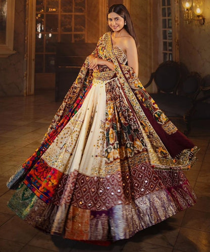 Cream cotton print mirror work gujarati garba navratri lehenga chaniya choli