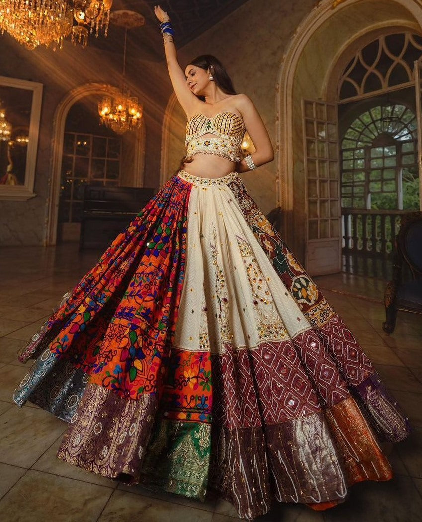 Cream cotton print mirror work gujarati garba navratri lehenga chaniya choli