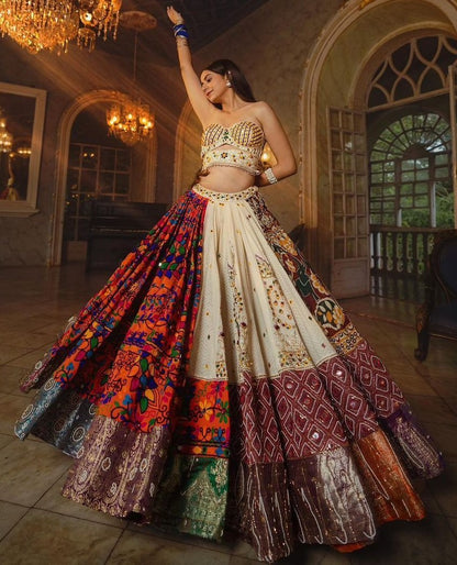 Cream cotton print mirror work gujarati garba navratri lehenga chaniya choli