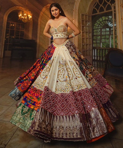 Cream cotton print mirror work gujarati garba navratri lehenga chaniya choli