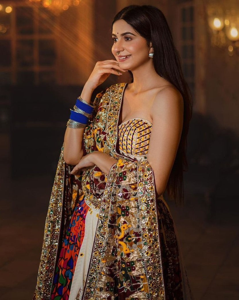 Cream cotton print mirror work gujarati garba navratri lehenga chaniya choli