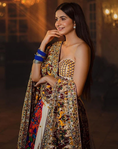 Cream cotton print mirror work gujarati garba navratri lehenga chaniya choli