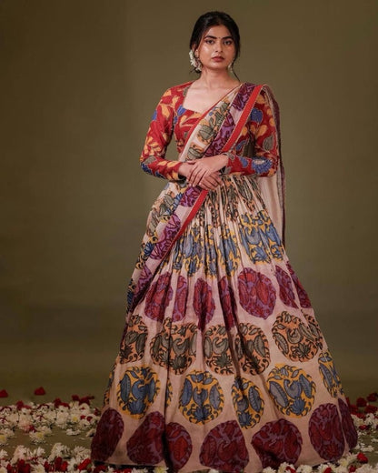 Cream cotton printed lehenga choli