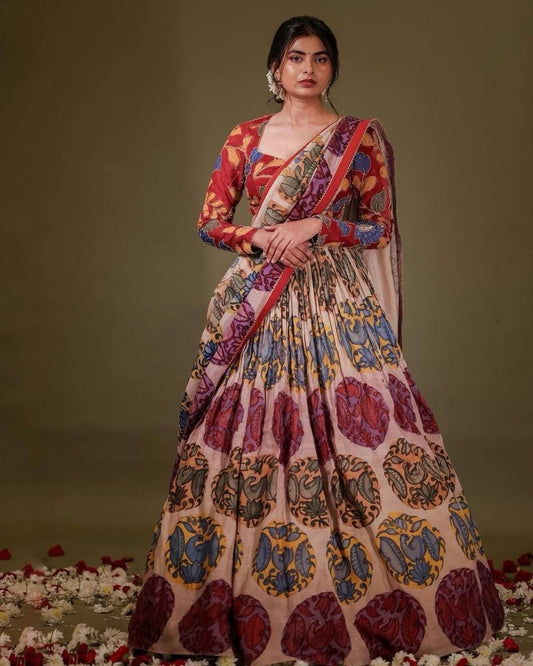 Cream cotton printed lehenga choli
