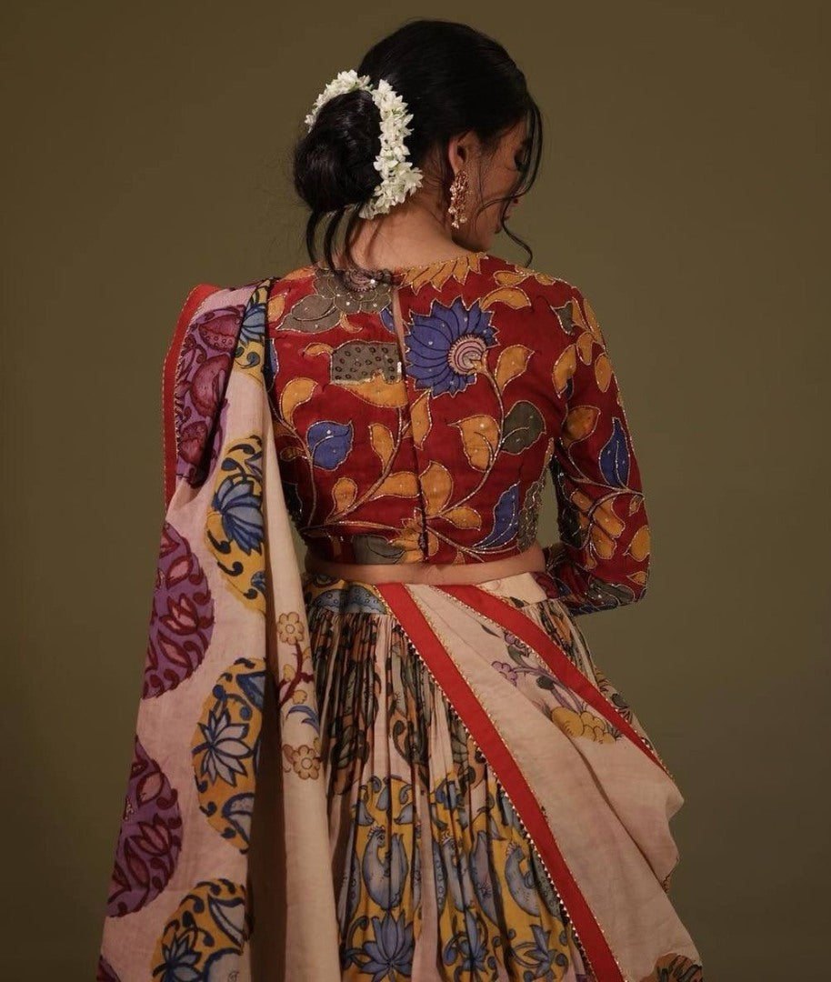 Cream cotton printed lehenga choli