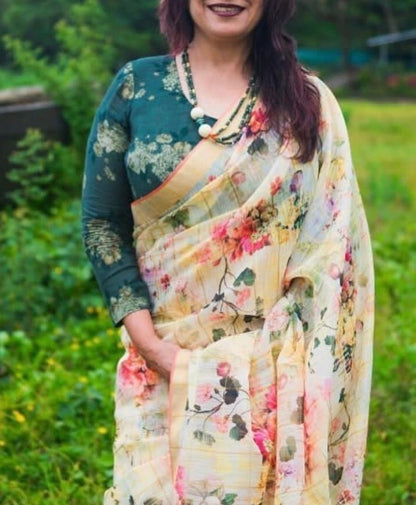 cream digital floral printed linen saree