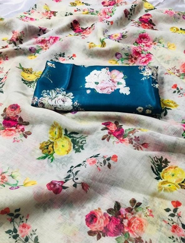 cream digital floral printed linen saree