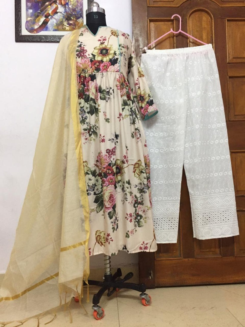 Cream digital floral printed plazzo kurti