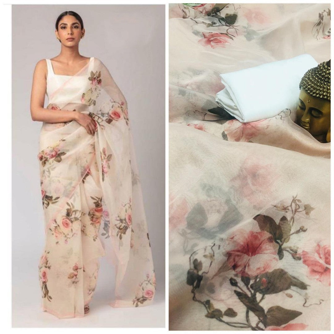 cream digital flower printed orgenza saree