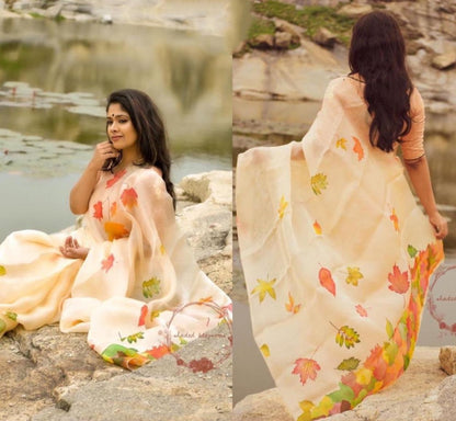 Cream digital printed khadi organza saree