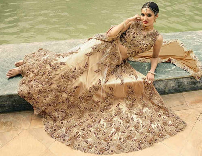 cream embroidered mono net wedding lehenga
