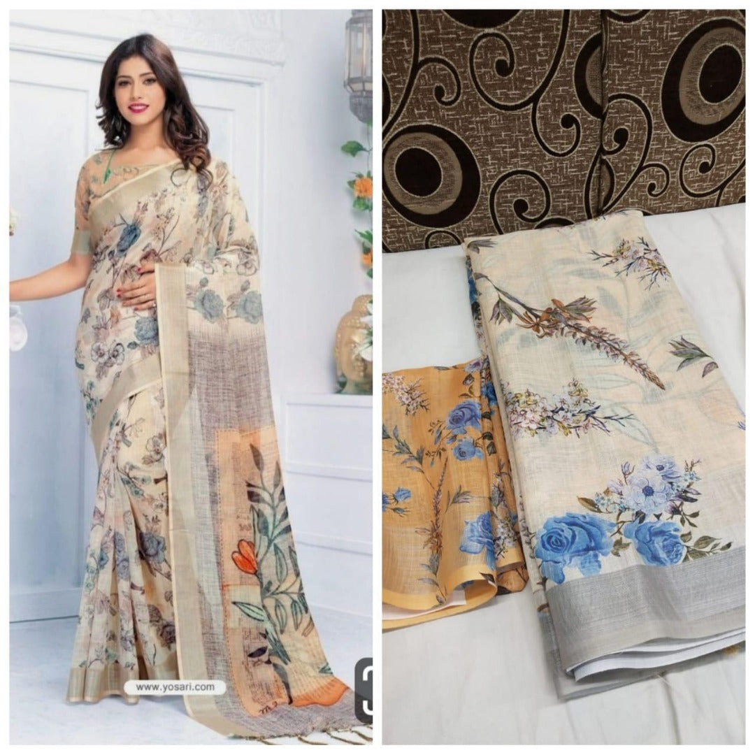 Cream floral printed linen saree