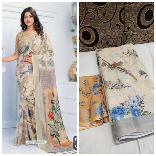 Cream floral printed linen saree