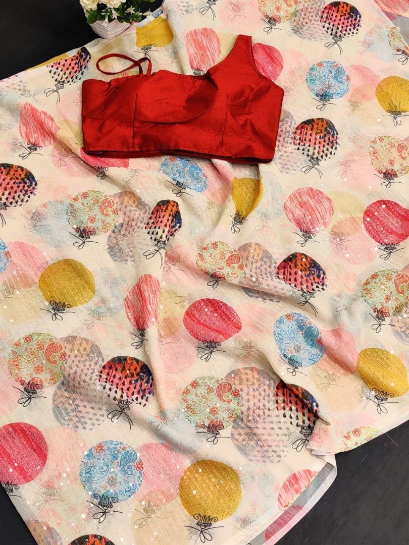 Cream georgette digital printed sequence work saree