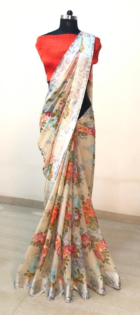 Cream georgette flower printed georgette satin patta broder saree