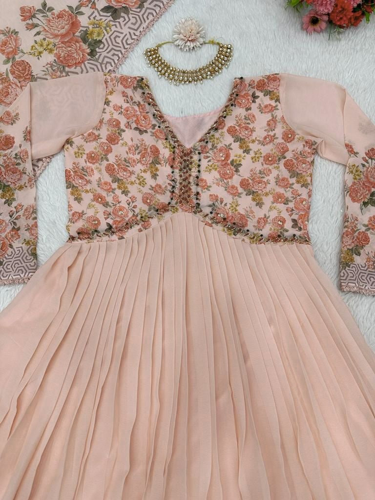 Cream georgette handwork alia cut kurti