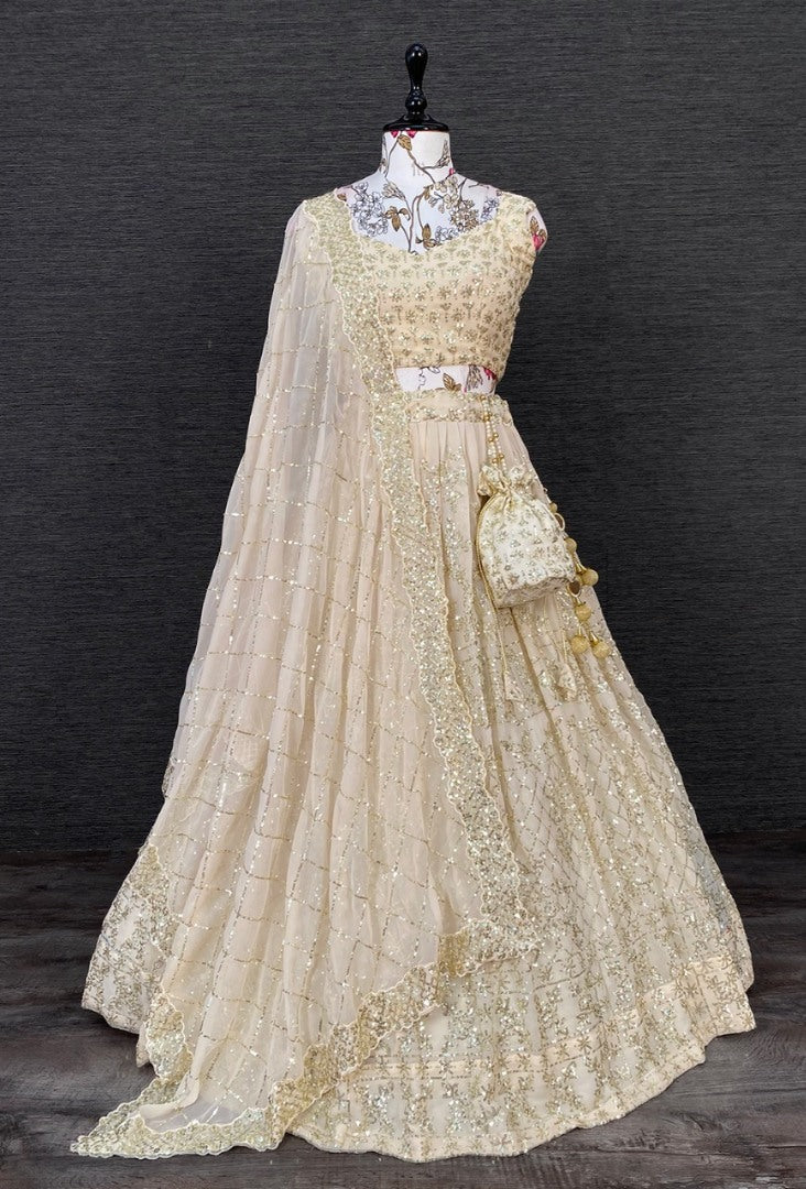 Cream georgette heavy sequins and thread work wedding lehenga choli