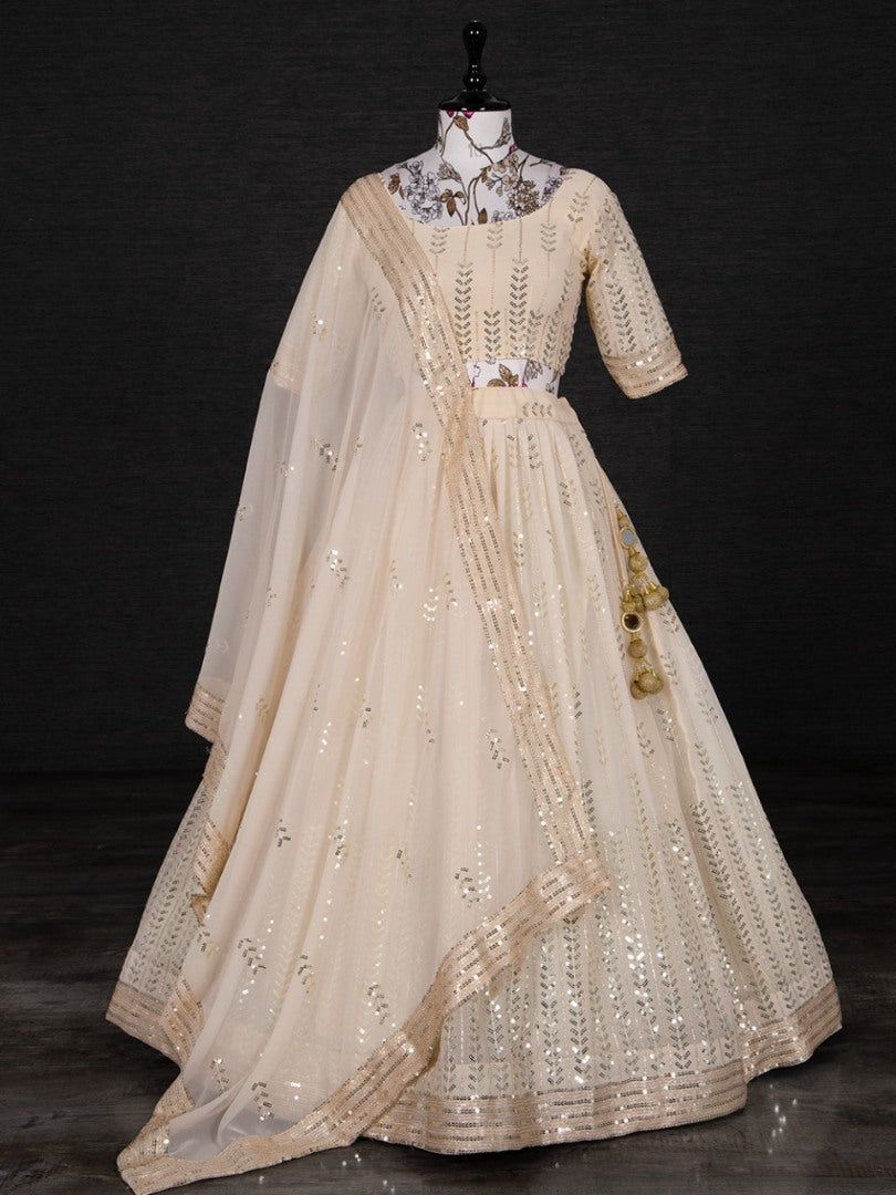 Cream georgette heavy sequins and thread work wedding lehenga choli