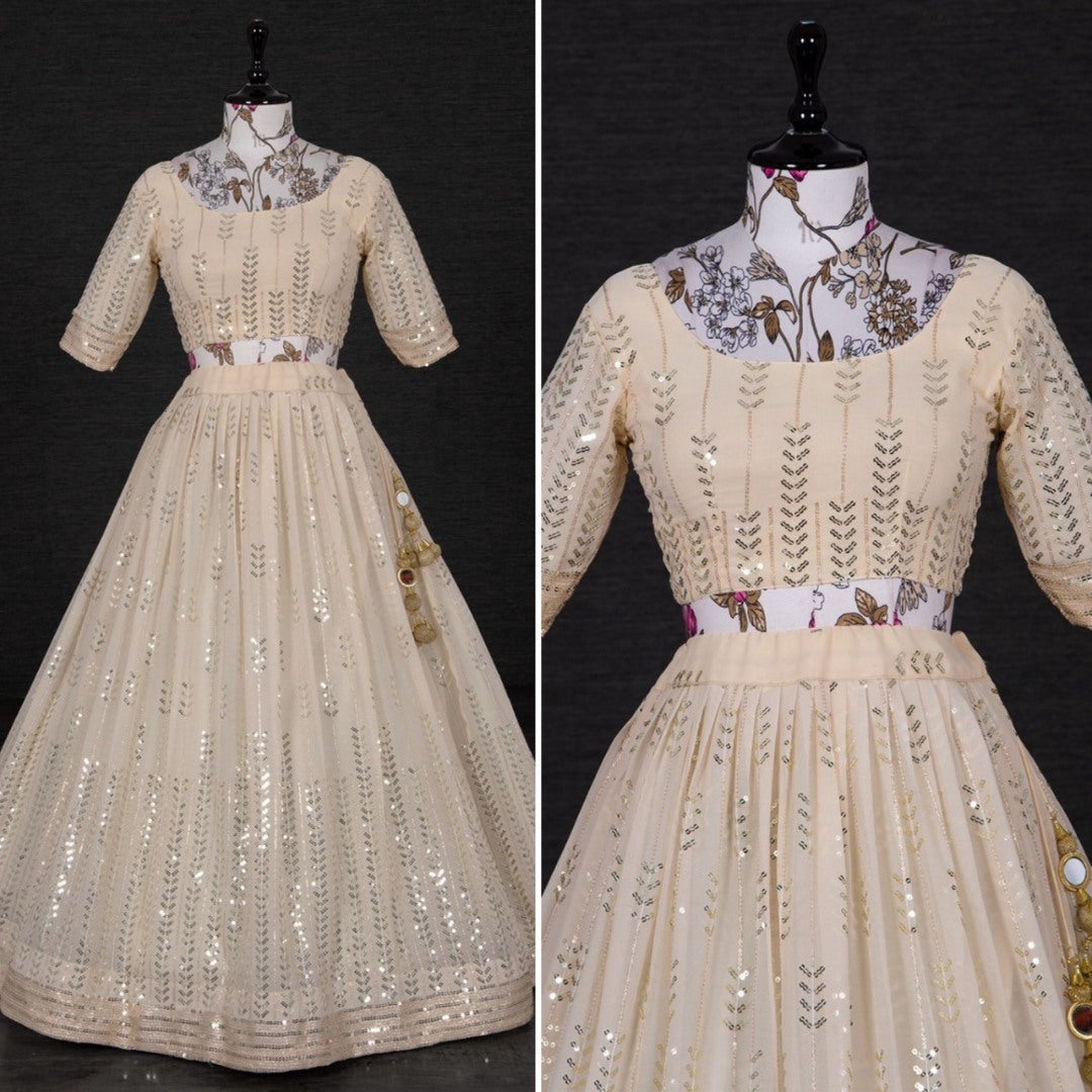 Cream georgette heavy sequins and thread work wedding lehenga choli