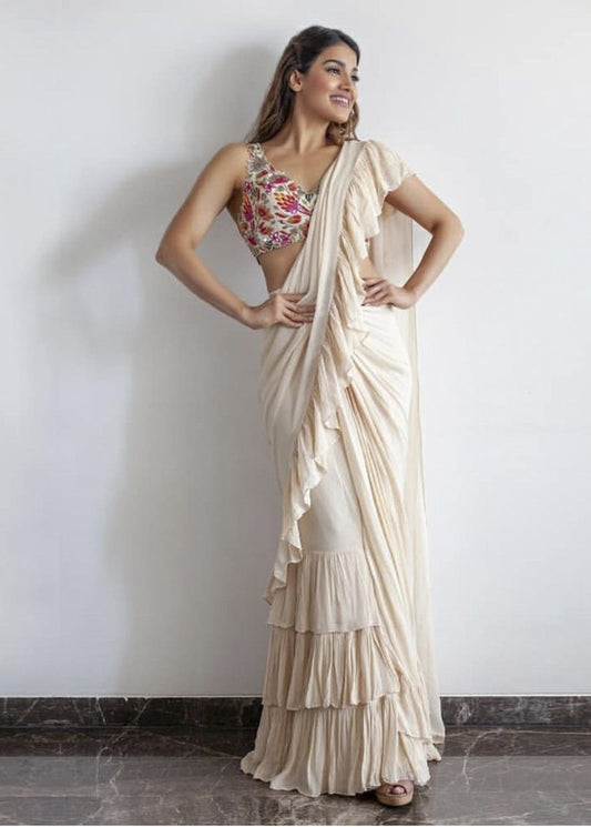 Cream georgette partywear ruffle saree