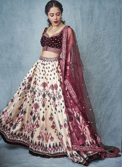 Cream italian satin digital printed lehenga choli