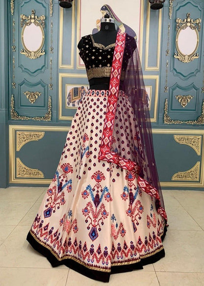 Cream italian satin digital printed lehenga choli