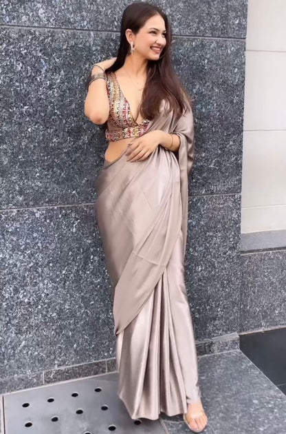 Cream japan satin stylish farewell party wear saree