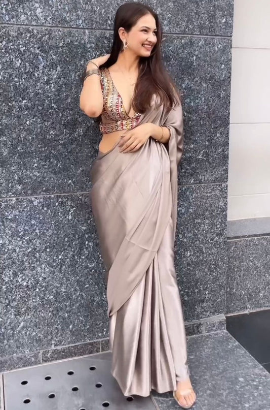 Cream japan satin stylish farewell party wear saree