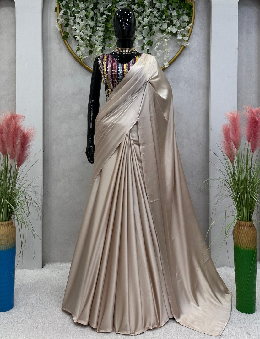 Cream japan satin stylish farewell party wear saree