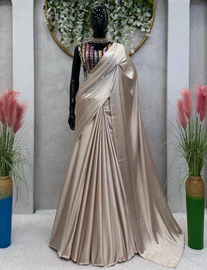 Cream japan satin stylish farewell party wear saree