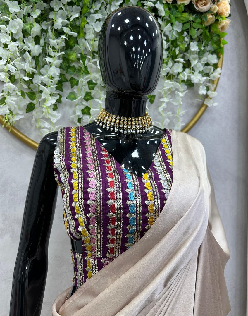 Cream japan satin stylish farewell party wear saree