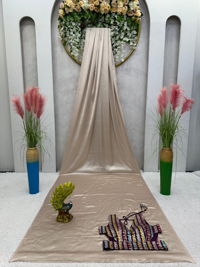 Cream japan satin stylish farewell party wear saree