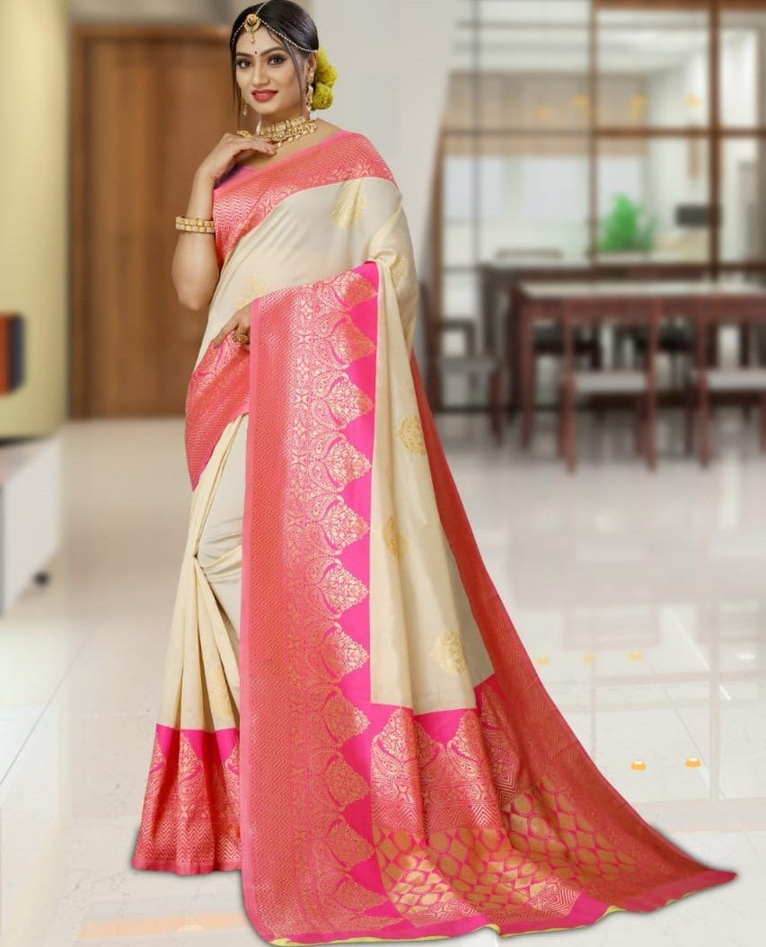 Cream kanchipuram soft lichi silk jacquard work wedding saree