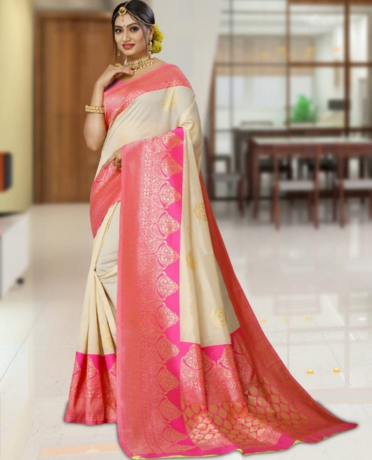 Cream kanchipuram soft lichi silk jacquard work wedding saree