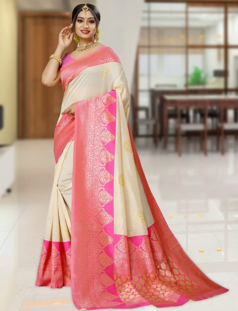Cream kanchipuram soft lichi silk jacquard work wedding saree