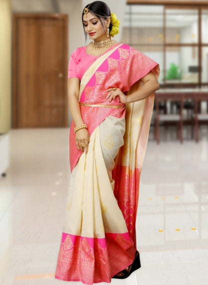 Cream kanchipuram soft lichi silk jacquard work wedding saree