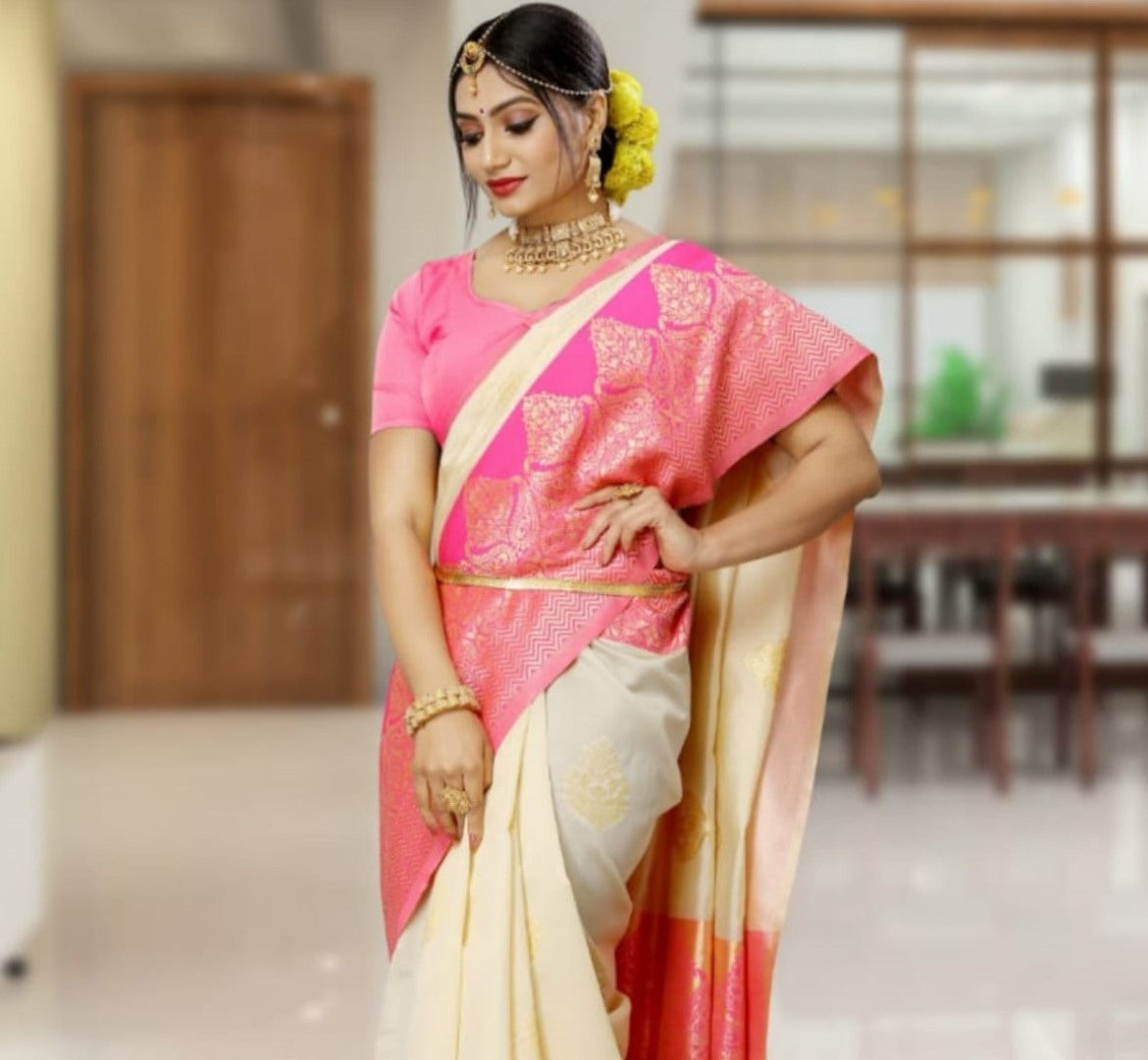 Cream kanchipuram soft lichi silk jacquard work wedding saree