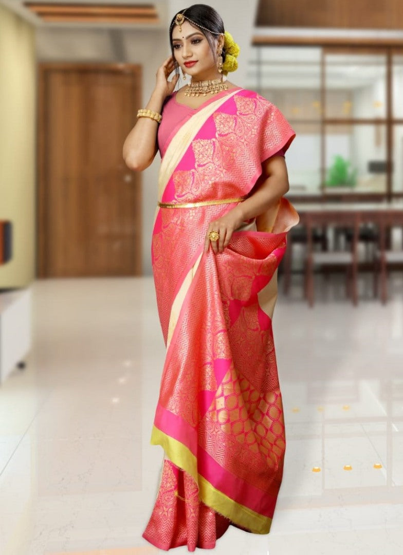 Cream kanchipuram soft lichi silk jacquard work wedding saree