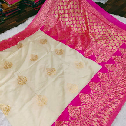 Cream kanchipuram soft lichi silk jacquard work wedding saree