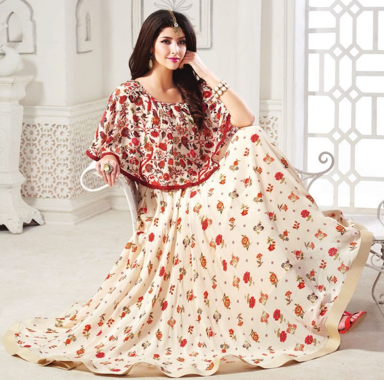 Cream maslin cotton printed partywear gown