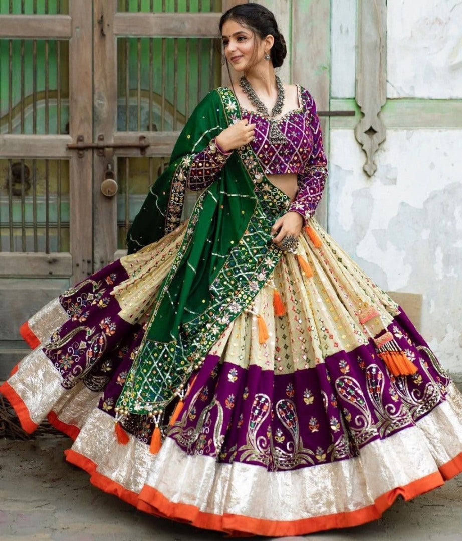Cream mirror work gujarati garba navratri lehenga chaniya choli