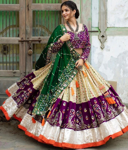 Cream mirror work gujarati garba navratri lehenga chaniya choli