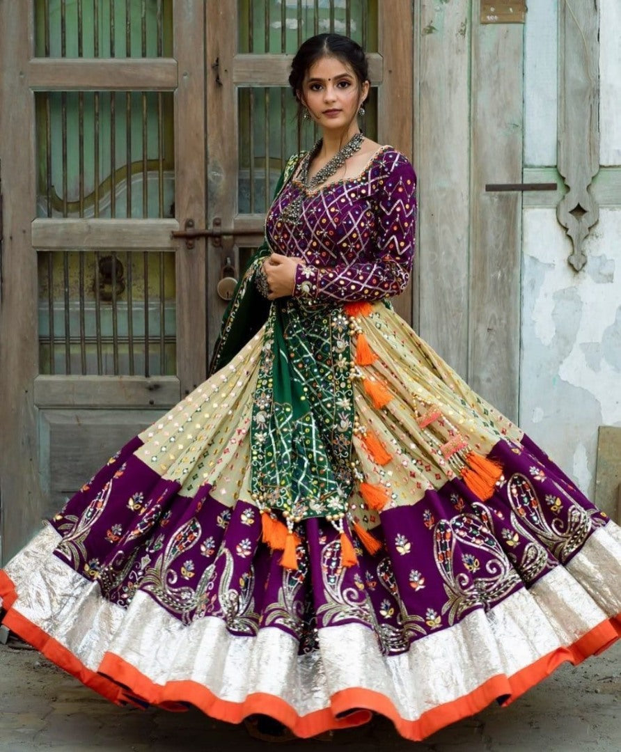 Cream mirror work gujarati garba navratri lehenga chaniya choli