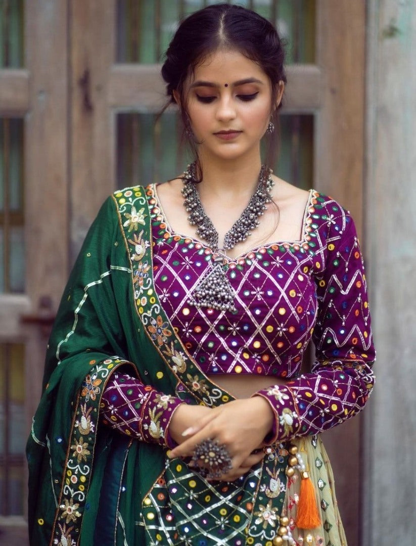 Cream mirror work gujarati garba navratri lehenga chaniya choli