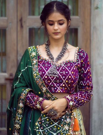 Cream mirror work gujarati garba navratri lehenga chaniya choli