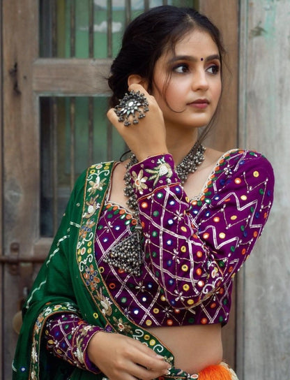 Cream mirror work gujarati garba navratri lehenga chaniya choli