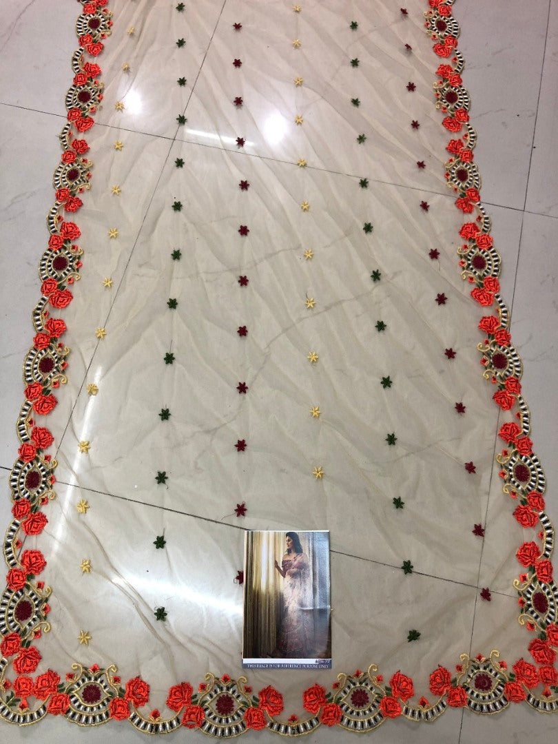 Cream mono net multi threadworked designer saree