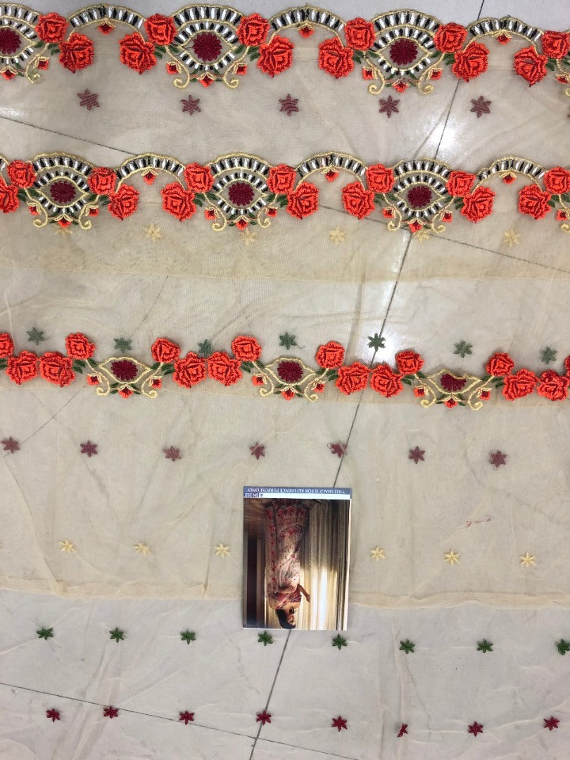 Cream mono net multi threadworked designer saree