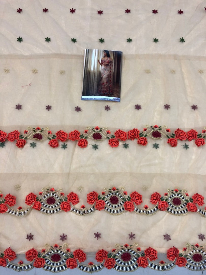 Cream mono net multi threadworked designer saree