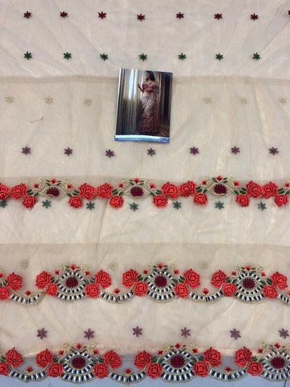 Cream mono net multi threadworked designer saree